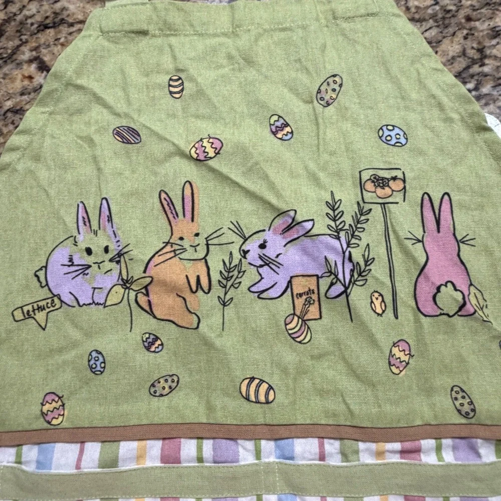 MuKitchen Easter Bunny Garden Apron Green Pastel Stripe Adjustable Pocket Bib